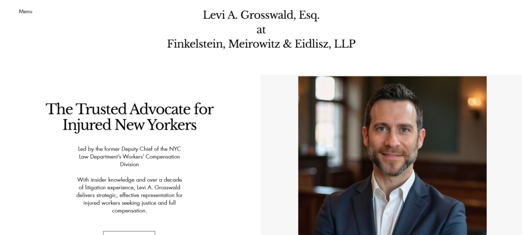 A screenshot of the original website for Levi Grosswald. The website is plain white, with black text targeting legal services for injured New Yorkers.